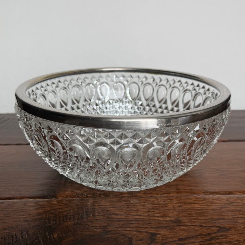 Vintage Falstaff Pressed Glass Fruit Bowl with Silver-Plated Rim